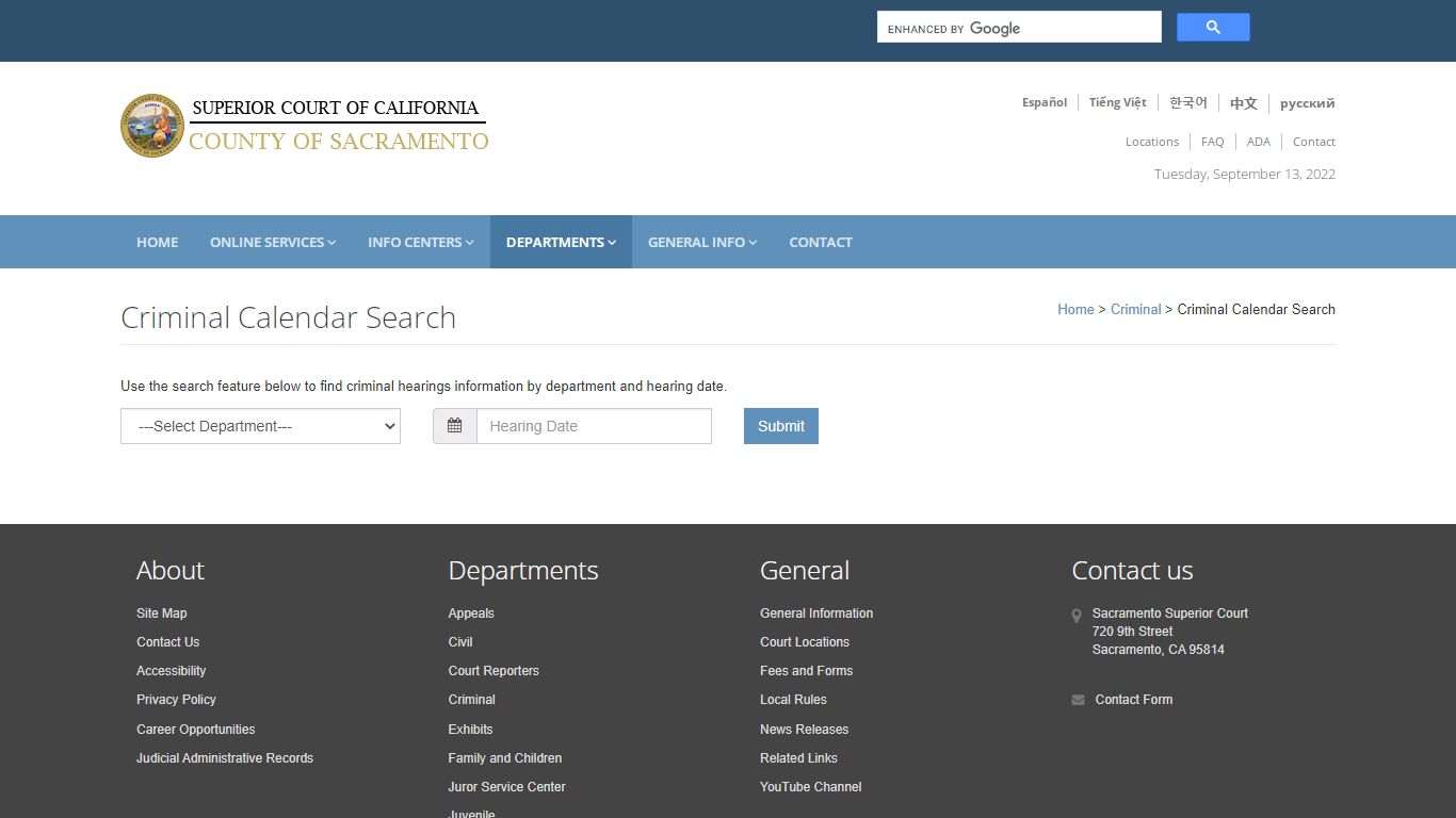 Criminal Calendar Search: Sacramento Superior Court - California
